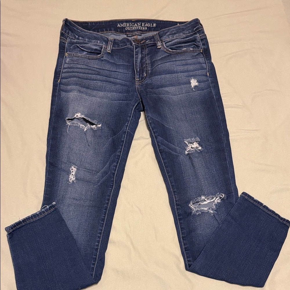 American Eagle Outfitters Women's Dark Blue Ripped Skinny Jeans